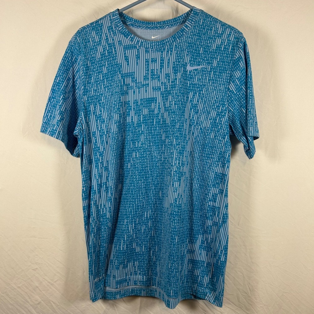 Nike Dri-FIT Womens Medium Blue Teal Geometric Digital Print Athletic T-Shirt